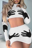Green Sexy Print Patchwork Turtleneck Long Sleeve Two Pieces