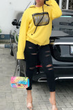 Yellow Casual Print Patchwork Mesh Hooded Collar Tops