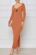 Orange Elegant Print Slit V Neck One Step Skirt Dresses