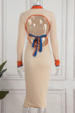 Cream White Sexy Solid Patchwork Backless Half A Turtleneck One Step Skirt Dresses