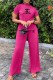 Rose Red Elegant Print Letter O Neck Short Sleeve Two Pieces