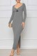Dark Gray Elegant Print Slit V Neck One Step Skirt Dresses