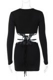 Black Sexy Solid Hollowed Out V Neck Long Sleeve Dresses