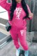 Rose Red Casual Print Letter Hooded Collar Long Sleeve Two Pieces