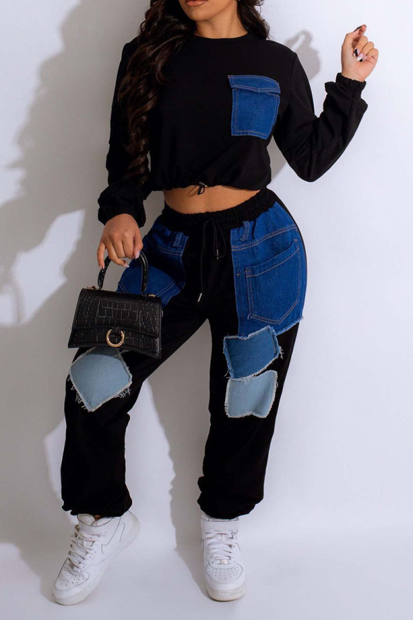 Black Casual Solid Patchwork O Neck Long Sleeve Two Pieces