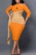 Orange Elegant Print Letter Asymmetrical Collar Pencil Skirt Dresses