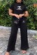 Black Elegant Print Letter O Neck Short Sleeve Two Pieces