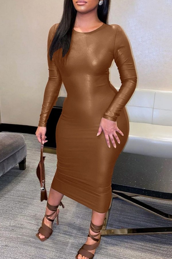 Brownness Casual Solid Basic O Neck Long Sleeve Dresses