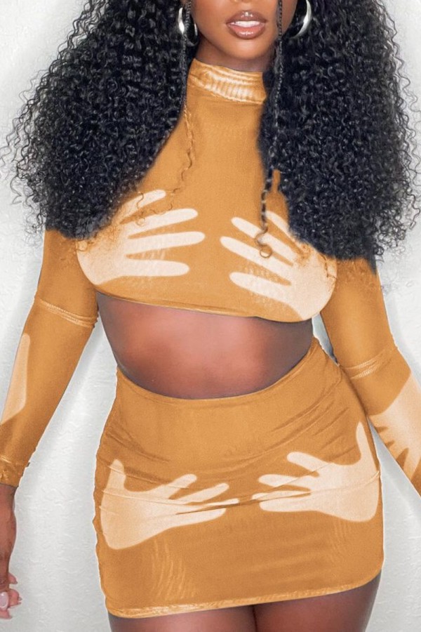 Orange Sexy Print Patchwork Turtleneck Long Sleeve Two Pieces