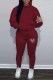 Burgundy Casual Print Patchwork Hooded Collar Long Sleeve Two Pieces