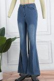 Blue Casual Solid Patchwork Slit High Waist Regular Denim Jeans