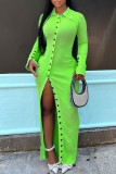 Red Sexy Solid Patchwork Buckle Slit Turndown Collar One Step Skirt Dresses
