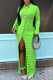 Green Sexy Solid Patchwork Buckle Slit Turndown Collar One Step Skirt Dresses