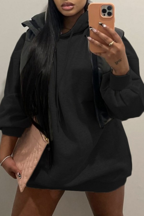 Black Casual Solid Patchwork Basic Hooded Collar Long Sleeve Dresses