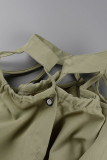 Army Green Casual Solid Hollowed Out Patchwork Buckle Asymmetrical Collar Long Sleeve Two Pieces