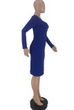 Blue Sexy adult Fashion Cap Sleeve Long Sleeves O neck Step Skirt Knee-Length Solid Patchwork f