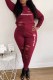 Burgundy Casual Letter Ripped O Neck Long Sleeve Two Pieces