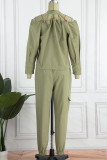 Army Green Casual Solid Hollowed Out Patchwork Buckle Asymmetrical Collar Long Sleeve Two Pieces