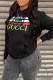 Black Casual Print Letter Hooded Collar Tops