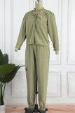 Army Green Casual Solid Hollowed Out Patchwork Buckle Asymmetrical Collar Long Sleeve Two Pieces