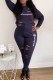 Deep Blue Casual Letter Ripped O Neck Long Sleeve Two Pieces