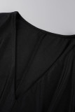 Black Casual Solid Patchwork Flounce Asymmetrical V Neck Evening Dress Dresses
