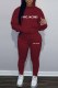 Burgundy Casual Print Letter Hooded Collar Long Sleeve Two Pieces