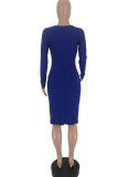 Blue Sexy adult Fashion Cap Sleeve Long Sleeves O neck Step Skirt Knee-Length Solid Patchwork f