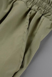 Army Green Casual Solid Hollowed Out Patchwork Buckle Asymmetrical Collar Long Sleeve Two Pieces