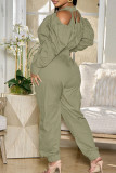 Army Green Casual Solid Hollowed Out Patchwork Buckle Asymmetrical Collar Long Sleeve Two Pieces