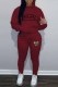 Burgundy Casual Print Letter Hooded Collar Long Sleeve Two Pieces