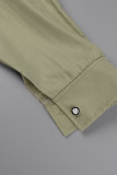 Army Green Casual Solid Hollowed Out Patchwork Buckle Asymmetrical Collar Long Sleeve Two Pieces