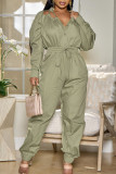 Army Green Casual Solid Hollowed Out Patchwork Buckle Asymmetrical Collar Long Sleeve Two Pieces