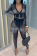 Black Sexy Print Patchwork See-through Zipper Long Sleeve Two Pieces