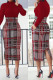 Burgundy Work Print Patchwork Printing Half A Turtleneck Wrapped Skirt Dresses
