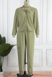 Army Green Casual Solid Hollowed Out Patchwork Buckle Asymmetrical Collar Long Sleeve Two Pieces