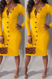 Yellow Sexy adult Fashion Cap Sleeve Long Sleeves O neck Step Skirt Knee-Length Solid Patchwork f
