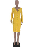 Yellow Sexy adult Fashion Cap Sleeve Long Sleeves O neck Step Skirt Knee-Length Solid Patchwork f