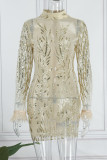 Silver Sexy Patchwork Sequins See-through Half A Turtleneck Long Sleeve Dresses