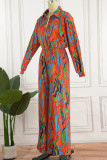 Red Sexy Print Patchwork Turndown Collar Straight Jumpsuits