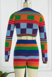 Red Sexy Plaid Print Patchwork O Neck Long Sleeve Two Pieces