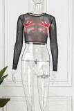 Black Sexy Print Patchwork O Neck Tops