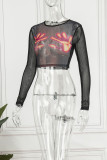 Black Sexy Print Patchwork O Neck Tops