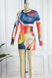 Colour Sexy Patchwork Tie-dye O Neck Long Sleeve Two Pieces