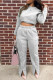 Grey Casual Solid Patchwork Slit O Neck Long Sleeve Two Pieces