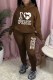 Coffee Casual Print Letter Hooded Collar Long Sleeve Two Pieces
