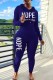 Deep Blue Casual Letter Print Basic Hooded Collar Long Sleeve Two Pieces
