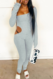 Grey Sexy Solid Hollowed Out One Shoulder Skinny Jumpsuits