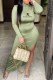 Green Casual Print Slit Letter Half A Turtleneck One Step Skirt Dresses