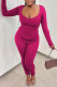 Rose Red Casual Solid Patchwork V Neck Long Sleeve Two Pieces